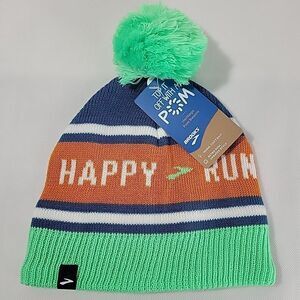 Brooks Running Happy Heritage Pom Beanie Winter Dark Ocean Neon Green NWT